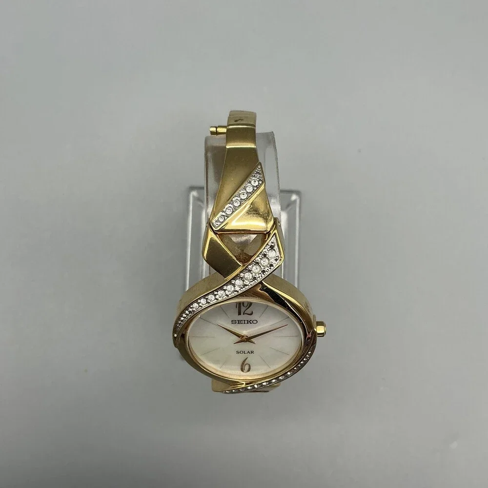 Seiko Solar V115-0BH0 Womens Watch 29mm MOP Dial Gold Tone Crystals 6